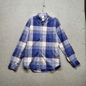 GAP Men Button Up Shirt L Blue Plaid Long‎ Sleeve Slim Stretch